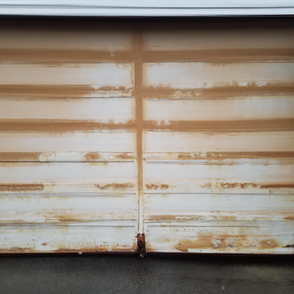 Water-damaged garage door with rusted panels and warped wood at a Hanover, MA home driveway