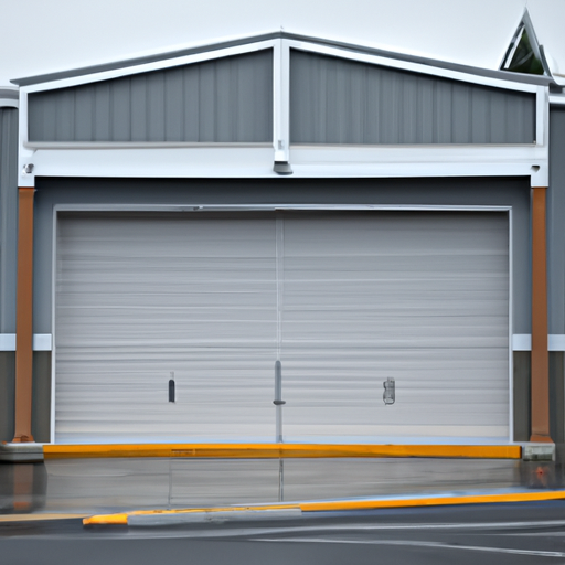 Exterior Renton storefront with visible garage door, tracks, and opener under overcast Pacific Northwest light.