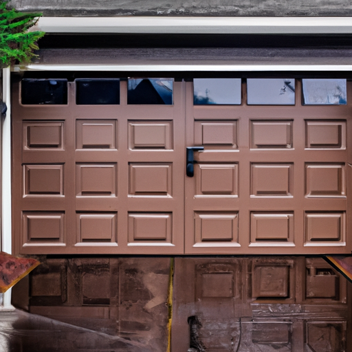 Renton suburban garage door with visible bottom seal and threshold on wet pavement, overcast sky, evergreen landscaping