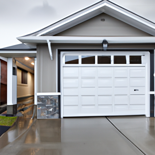 Exterior view of a residential garage in Renton, WA with an insulated sectional garage door slightly open and a new threshold seal visible.