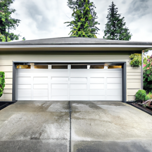 Modern residential garage door in Renton, WA with visible opener housing and wet driveway, evergreen landscaping in background.