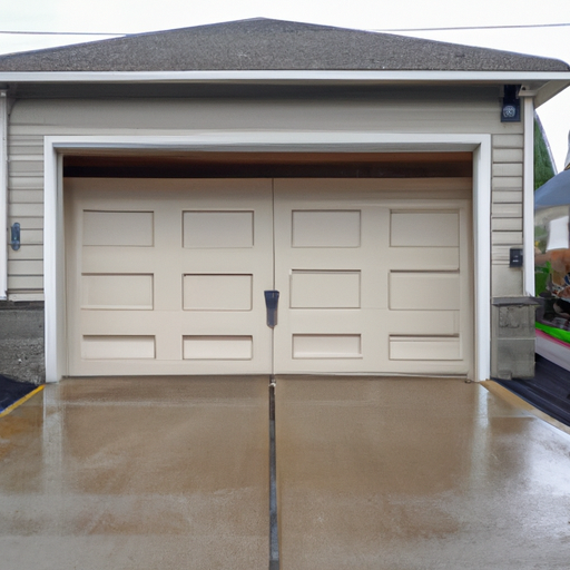 Suburban Renton driveway with a modern insulated garage door partially open on a wet overcast day, tracks and panels visible.