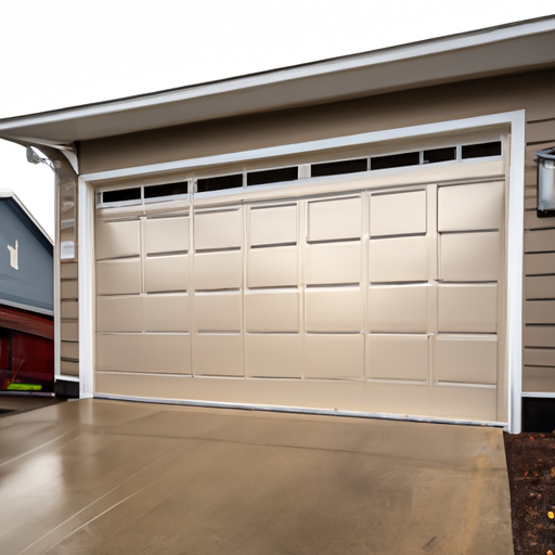 Insulated steel garage door on a suburban Renton, WA home with visible bottom seal and modern panels.