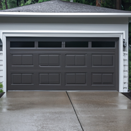 Modern garage door on a suburban Renton home on an overcast day with wet pavement and evergreens in background.