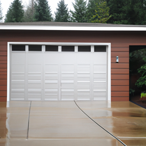 Contemporary paneled garage door on a suburban home in Renton, WA with wet pavement and overcast sky.