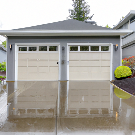 Modern insulated steel garage door on a suburban Renton driveway under an overcast sky with wet pavement.
