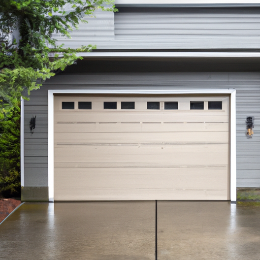 Residential garage door on a rain-wet driveway in a suburban neighborhood near Renton, WA under overcast sky.