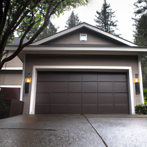 Sectional garage door on a suburban Renton, WA home with wet pavement and evergreen backdrop under overcast sky.