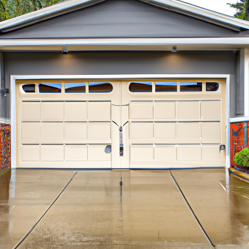 Modern sectional garage door on a wet driveway in a residential neighborhood in Renton, Washington.