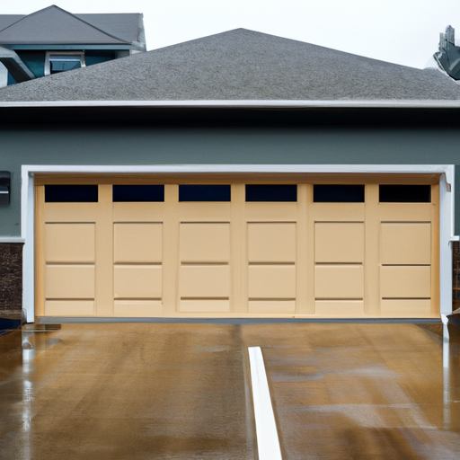 Closed residential garage door on a wet overcast day in Renton, WA with visible tracks and hardware.