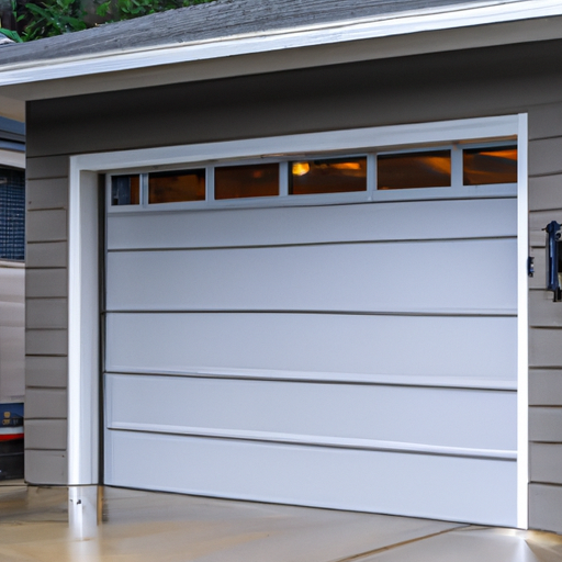 Modern single-car garage door with smart keypad and hub on a suburban home in Renton, WA under overcast sky.