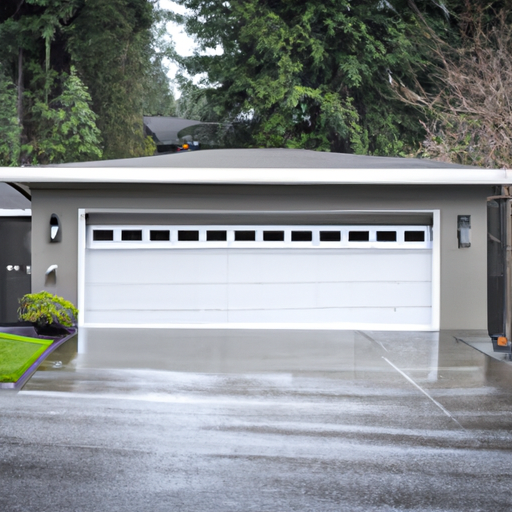 Overcast Renton driveway with a modern sectional garage door and wet pavement, evergreen trees in background