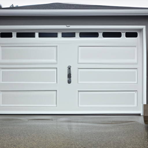 Insulated garage door with new threshold and weatherstripping on a suburban Renton home, overcast sky and wet pavement.