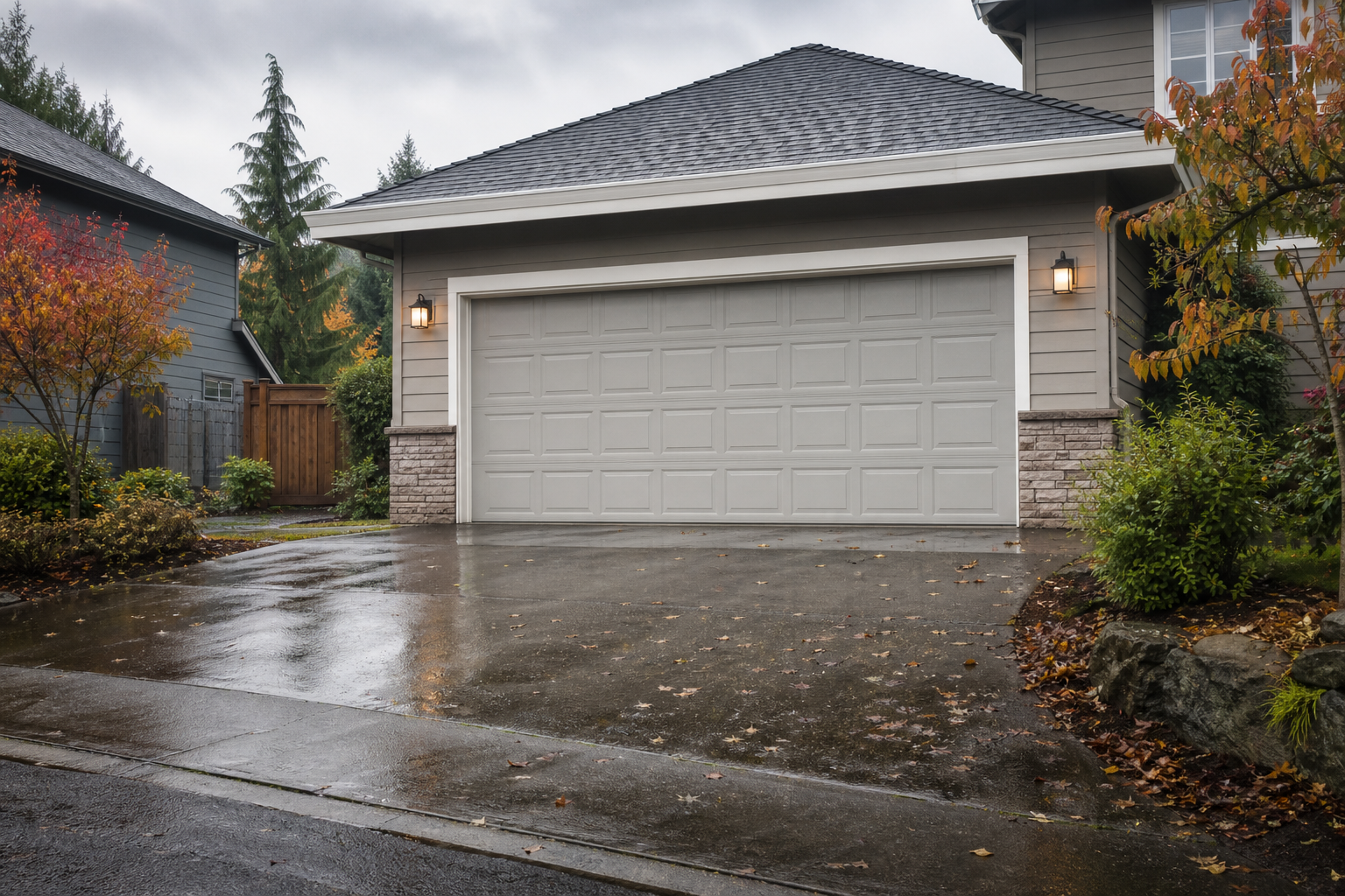Wide view of a Renton home garage door on a rainy day